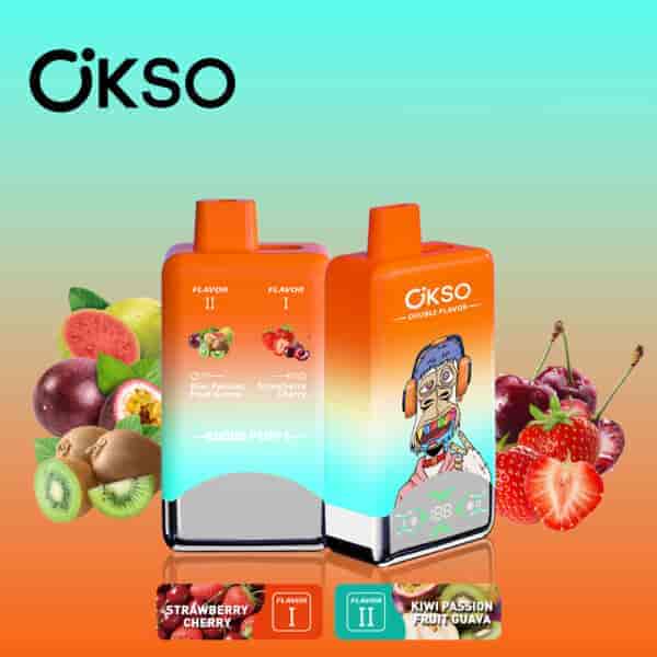 OksO double flavor vape devices with an orange and blue gradient design, featuring illustrations of a cartoon character and images of featured flavors: kiwi, passion fruit, guava, strawberry, and cherry.