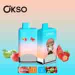 Two colorful Okso vape devices featuring the flavors Strawberry Watermelon and Two Apple, with an illustrated monkey character on one device, surrounded by fruit imagery and a 60000 puffs label.