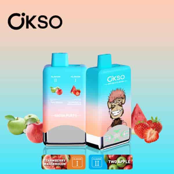 Two colorful Okso vape devices featuring the flavors Strawberry Watermelon and Two Apple, with an illustrated monkey character on one device, surrounded by fruit imagery and a 60000 puffs label.