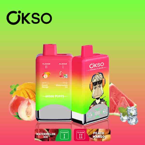Two OKSO brand double flavor vape devices with a red and green gradient design, one featuring a cartoon monkey with headphones, surrounded by images of peach, mango, watermelon, and ice to represent the peach mango and watermelon ice flavors.