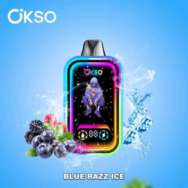 Colorful OKSO vape device with neon-lit design, surrounded by berries, mint leaves, ice cubes, and water splashes, labeled 'Blue Razz Ice' on a blue gradient background.