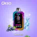 Colorful Okso vape device with grape and ice graphics on a purple background, labeled 'Grape Ice.'