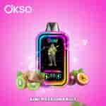 Colorful OKSO vape device with a digital display and an image of a guitarist, surrounded by splashing kiwi and passion fruit on a pink gradient background, labeled 'Kiwi Passion Fruit'.