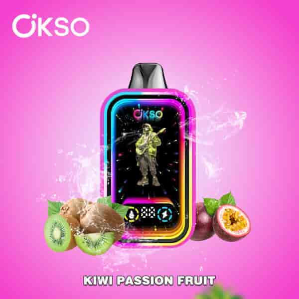 Colorful OKSO vape device with a digital display and an image of a guitarist, surrounded by splashing kiwi and passion fruit on a pink gradient background, labeled 'Kiwi Passion Fruit'.