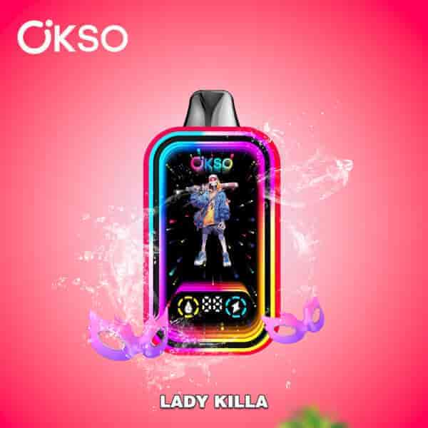 Colorful OKSO vape device with neon border, displaying a skeleton in streetwear holding a bat, surrounded by splash effects and purple masquerade masks on a pink background, with the text 'LADY KILLA'.