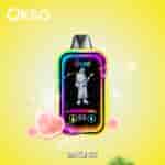 Colorful OKSO vape device with a neon border, featuring a cartoon guitarist in floral clothing, surrounded by water splashes and pink hearts on a yellow background, with the flavor name 'LOVE 66' at the bottom.
