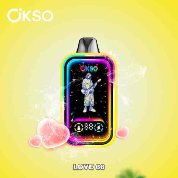 Colorful OKSO vape device with a neon border, featuring a cartoon guitarist in floral clothing, surrounded by water splashes and pink hearts on a yellow background, with the flavor name 'LOVE 66' at the bottom.