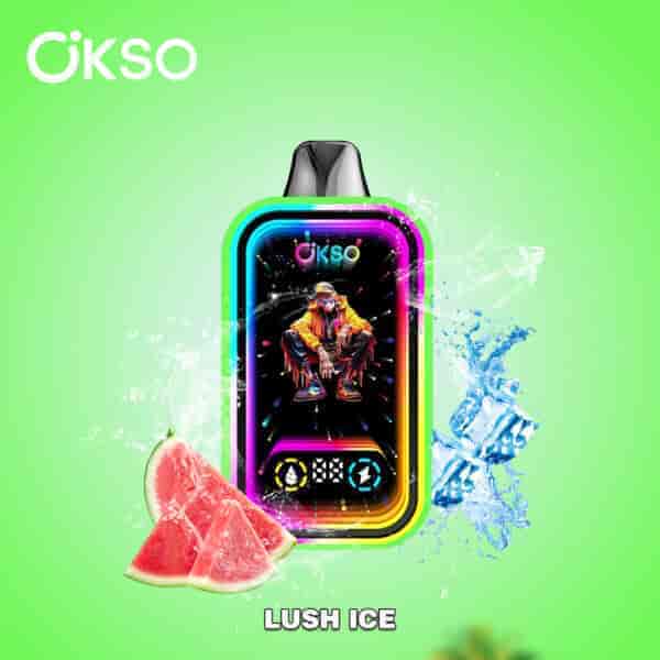 Colorful OKSO vape device with a streetwear-clad figure on its display, surrounded by watermelon slices, ice cubes, water splashes, and labeled "Lush Ice" on a green background.