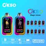 Okso Magic Mirror vape devices with colorful LED borders, digital screens displaying animated characters, and icons highlighting features such as dual mesh coil, rechargeable Type-C battery, 40ml e-liquid capacity, and 5000 puffs, along with a selection of ten different flavors.