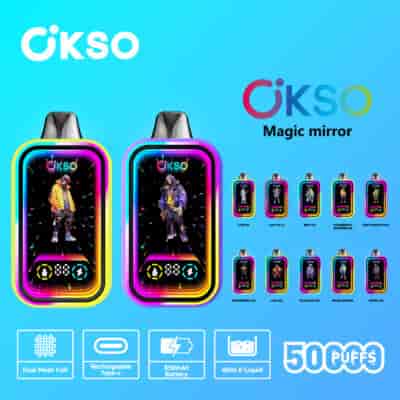 Okso Magic Mirror vape-enheter med färgglada LED-kanter, digitala skärmar som visar animerade karaktärer och ikoner som framhäver funktioner som dubbla mesh-spole, laddningsbart Type-C-batteri, 40 ml e-vätskekapacitet och 5000 puffar, tillsammans med ett urval av tio olika smaker.