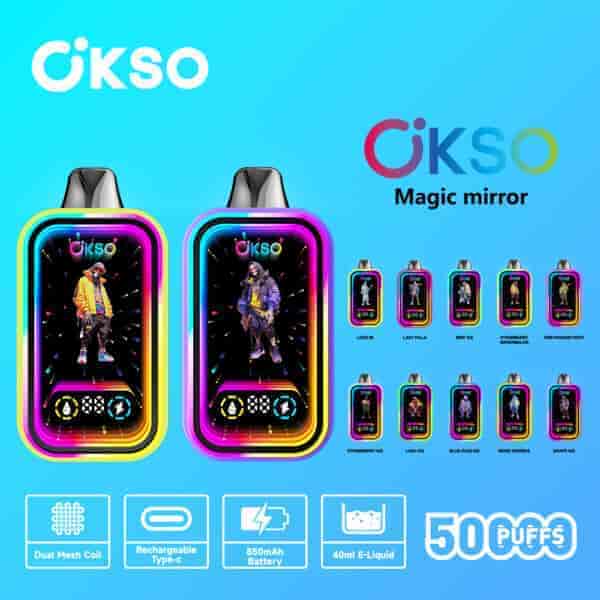 Okso Magic Mirror vape devices with colorful LED borders, digital screens displaying animated characters, and icons highlighting features such as dual mesh coil, rechargeable Type-C battery, 40ml e-liquid capacity, and 5000 puffs, along with a selection of ten different flavors.