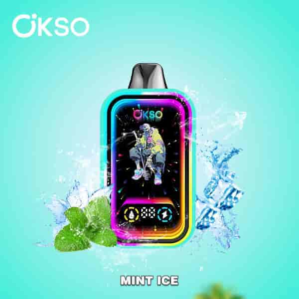 Colorful OKSO vape device with a neon design, mint leaves, and ice cubes on a light blue background, labeled 'Mint Ice.'