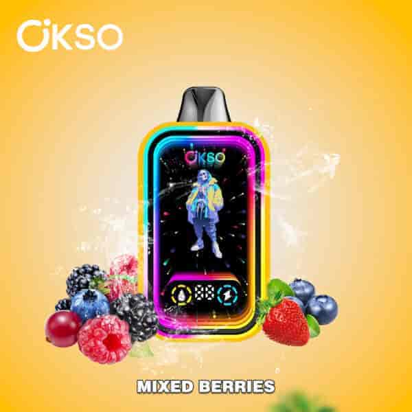 Colorful OKSO vape device with a neon-edged design featuring a stylish figure on its display, surrounded by a splash of water and assorted mixed berries including strawberries, blueberries, raspberries, and blackberries, on a yellow gradient background with the text 'Mixed Berries'.