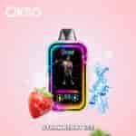 Colorful OKSO vape device with a vibrant design, surrounded by a splash of water, ice cubes, and a fresh strawberry, promoting the strawberry ice flavor on a pink background.