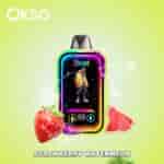 Colorful Okso vaping device with a stylized graphic of a person in bright urban clothing, surrounded by splashes of water and fresh strawberry and watermelon slices, with a light green background and 'STRAWBERRY WATERMEON' text at the bottom.