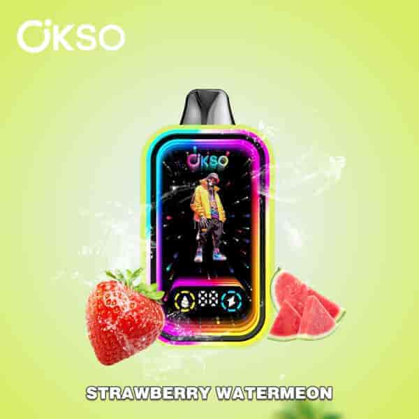 Colorful Okso vaping device with a stylized graphic of a person in bright urban clothing, surrounded by splashes of water and fresh strawberry and watermelon slices, with a light green background and 'STRAWBERRY WATERMEON' text at the bottom.