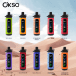 Nine OKSO disposable vape devices in different colors and flavors, each labeled with its flavor name, displayed against a desert background under a blue sky.