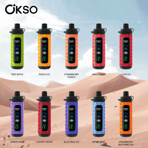 Nine OKSO disposable vape devices in different colors and flavors, each labeled with its flavor name, displayed against a desert background under a blue sky.