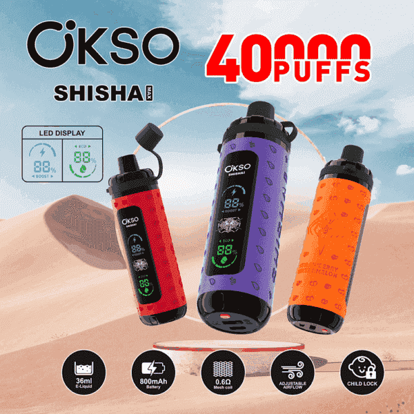 Three colorful OKSO Shisha vape devices with LED displays are shown in a desert landscape, highlighting features like 40,000 puffs, 36ml e-liquid, 800mAh battery, 0.6Ω mesh coil, adjustable airflow, and child lock.