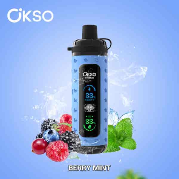 OKSO Shishai vape device with a digital display, surrounded by assorted berries and mint leaves on a blue background, labeled 'Berry Mint'.