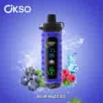 A blue OKSO Shishai vaping device surrounded by blueberries, raspberries, blackberries, ice cubes, and water splashes on a gradient blue background, with the text 'BLUE RAZZ ICE' at the bottom.