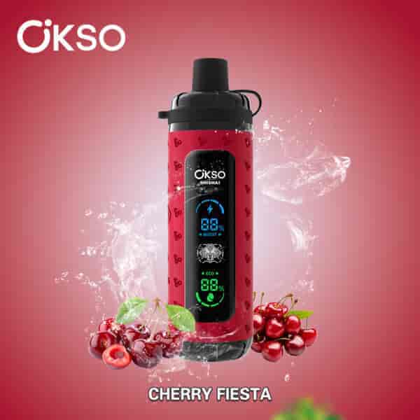 Red OKSO Shishai electronic device with a digital display, surrounded by cherries and splashes of water on a gradient red background, labeled Cherry Fiesta.