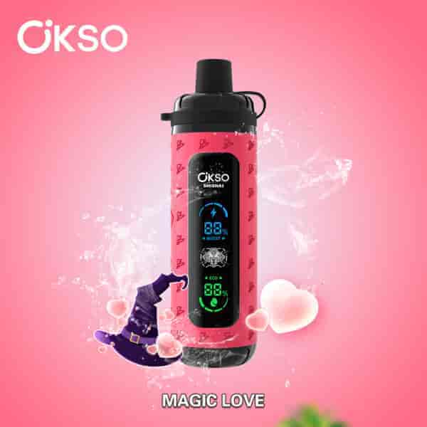 Pink OKSO Shishai vape device with digital display, surrounded by floating hearts, water splash effects, and a cartoon wizard hat, on a pink gradient background with the text 'MAGIC LOVE'.