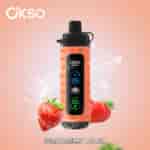 OKSO device with digital display in a strawberry-themed design, surrounded by fresh strawberries and splashes of water, labeled 'Strawberry Punch.'
