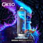 Promotional image for OKSO Shisha Hookah Mega, featuring a vape device in front of a mystical, blue-haired warrior with glowing blue hair and beard, surrounded by magical symbols, and illustrations of blueberries, raspberries, and cherries representing the flavor.