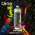 Colorful digital illustration of a fierce-faced man with glowing red eyes and fiery effects, behind a large OKSO vape device labeled 'Lady Killa Shisha Hookah Mega,' with mystical symbols and neon script in the background.