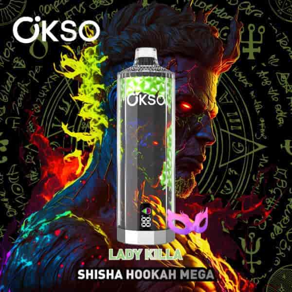 Colorful digital illustration of a fierce-faced man with glowing red eyes and fiery effects, behind a large OKSO vape device labeled 'Lady Killa Shisha Hookah Mega,' with mystical symbols and neon script in the background.