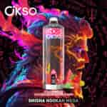OKSO Shisha Hookah Mega vape device with a fiery, colorful fantasy artwork of a male character, surrounded by mystical symbols, and images of strawberry, watermelon, and bubble gum candies indicating flavor.