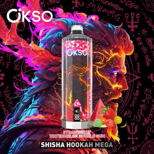 OKSO Shisha Hookah Mega vape device with a fiery, colorful fantasy artwork of a male character, surrounded by mystical symbols, and images of strawberry, watermelon, and bubble gum candies indicating flavor.