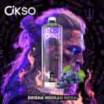 OKSO branded shisha hookah vape device with a purple and black mystical background, swirling smoke, symbols, blueberries, and the product flavor labeled as grape ice.