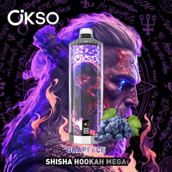 OKSO branded shisha hookah vape device with a purple and black mystical background, swirling smoke, symbols, blueberries, and the product flavor labeled as grape ice.