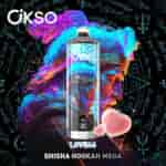 Colorful shisha hookah device with the Okso brand name, set against a vibrant, abstract background with neon blue, pink, and purple smoke and mystical symbols, with the text 'LOVE66 SHISHA HOOKAH MEGA' at the bottom.