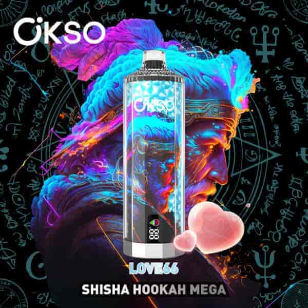 Colorful shisha hookah device with the Okso brand name, set against a vibrant, abstract background with neon blue, pink, and purple smoke and mystical symbols, with the text 'LOVE66 SHISHA HOOKAH MEGA' at the bottom.