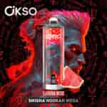Colorful shisha hookah vape device with bold red and blue hues, set against a background of red signature-like symbols and vibrant, stylized hair design; product branding and 'Lush Ice Shisha Hookah Mega' text are visible.