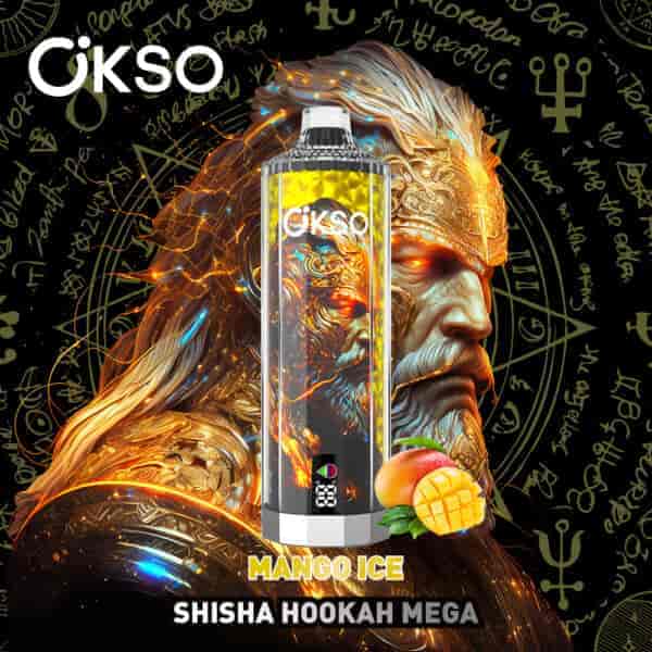 Vibrant illustration featuring a stylized lion with glowing fur, gold and blue highlights, surrounded by mystical symbols and text, accompanied by the brand name OKSO and product description 'Mango Ice Shisha Hookah Mega'.