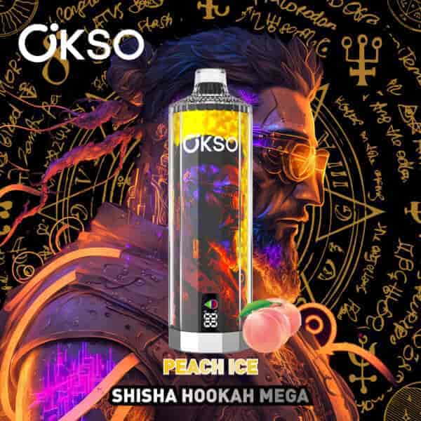 OKSO Peach Ice shisha hookah vape flavor with a futuristic, bearded man in sunglasses and science-fiction elements in the background, featuring mystical symbols and handwriting, plus a peach graphic.
