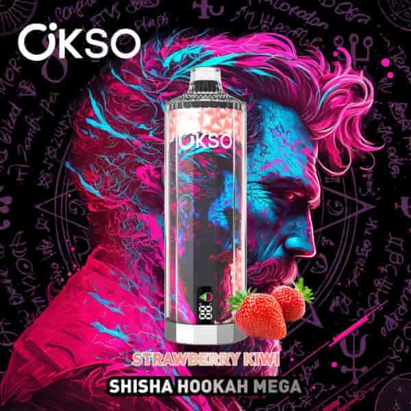 A bright and colorful shisha hookah vape device labeled 'Strawberry Kiwi' with a dynamic neon pink and blue abstract background and the brand name 'Okso' at the top.