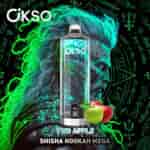 A stylized shisha hookah vape device labeled "OKSO Two Apple Shisha Hookah Mega" with green and red apples in front, set against a vibrant background of neon blue-green hair, mystical symbols, and glowing script.
