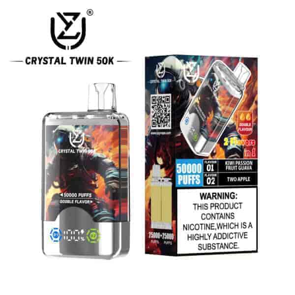 Crystal Twin 50K vape device and packaging featuring an astronaut illustration, offering 50,000 puffs with double flavor options (kiwi passion fruit guava and two apple), and a prominent nicotine addiction warning label.