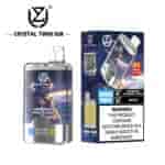 Crystal Twin 50K disposable vape packaging and device featuring a space-themed design, showing two flavors (Strawberry Raspberry Cherry and Mr Blue), double flavor icon, and a nicotine addiction warning label.