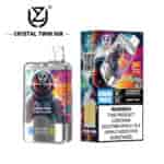 Crystal Twin 50K disposable vape device and packaging featuring a colorful astronaut design, labeled for 50,000 puffs, double flavor (Strawberry Watermelon and Lemon Lime), with a nicotine addiction warning label.