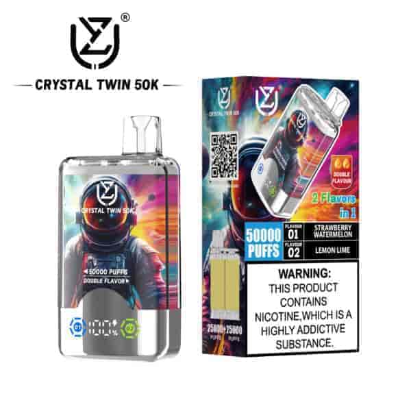 Crystal Twin 50K disposable vape device and packaging featuring a colorful astronaut design, labeled for 50,000 puffs, double flavor (Strawberry Watermelon and Lemon Lime), with a nicotine addiction warning label.