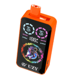 Orange and black electronic vape device with digital display, showing battery percentage, two circular indicators labeled 'Round 1' and 'Round 2,' and a colorful astronaut graphic near the bottom with the brand name 'UZY.'
