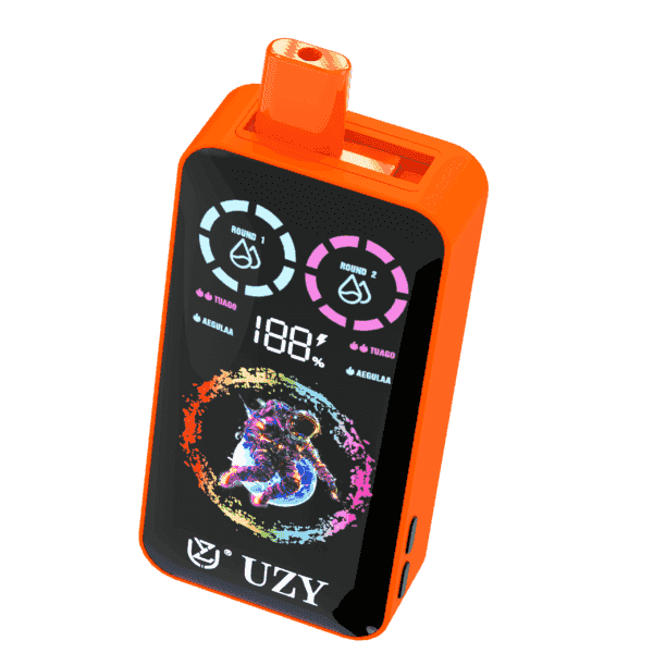 Orange and black electronic vape device with digital display, showing battery percentage, two circular indicators labeled 'Round 1' and 'Round 2,' and a colorful astronaut graphic near the bottom with the brand name 'UZY.'