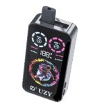 Electronic vape device with a digital display showing battery percentage, dual mode indicators, colorful astronaut graphic, and the brand name UZY.