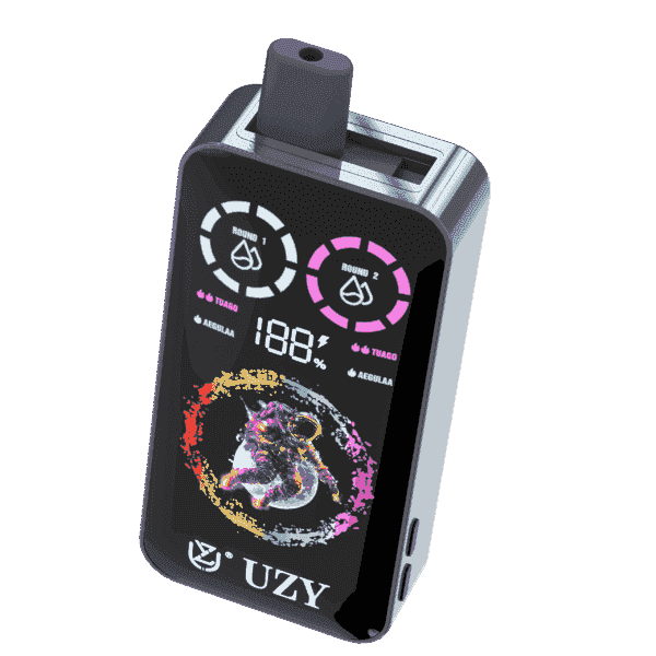 Electronic vape device with a digital display showing battery percentage, dual mode indicators, colorful astronaut graphic, and the brand name UZY.